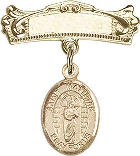 Детски икона Jewels Мания за талисман на Свети Апостол Матей и извити полирани игла за бейджа | Детски иконата със златен пълнеж с талисман