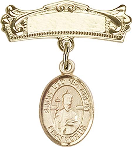 Детски икона Jewels Мания за талисман на Св. Лъв Велики и Извита полирани игла за иконата | Детски иконата със златен пълнеж с амулет Свети