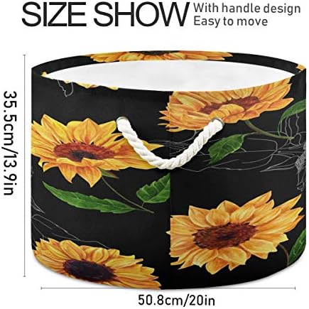 ALAZA Sunflower Черна Голяма Кошница за дрехи с Дръжки за Одеяла, Кърпи, Кошница за детска стая 20 x 20 x 14