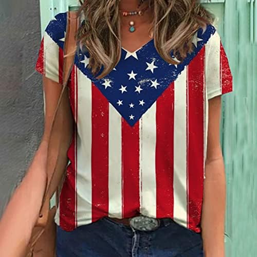 Дамски Блузи с равен брой гласове-боя, Градиентный Цветен Блок, Американски Флаг, Върхове Свободно, Намаляване, Къс Ръкав, V-образно