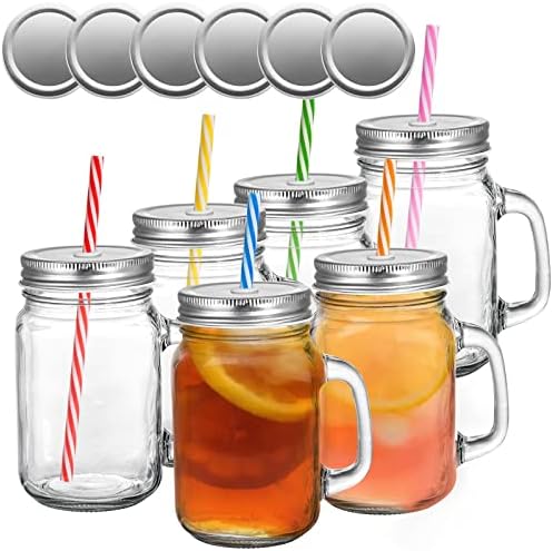 Tosnail 6 Опаковки Стъклени Чаши Mason Jar обем 16 унции с дръжка, 12 Жестяными Капаци и 6 Пластмасови Соломинками, Старомодни