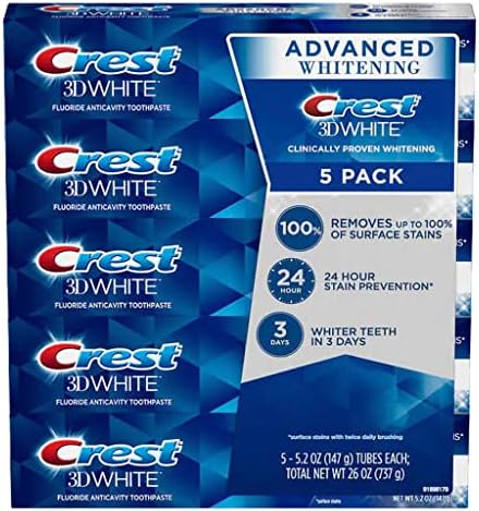 Паста за зъби Crest 3D White Advanced за избелване на зъбите, 5,2 унции (опаковка от 5 броя)