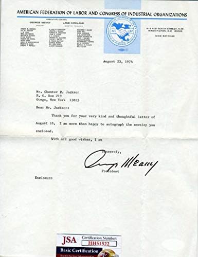 Джордж Мини, главен изпълнителен директор на JSA, Собственоръчно Подписано Писмо 1974 г. с автограф на президента на AFLCIO