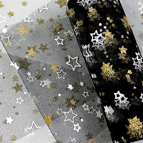 Yuanchuan Златна звезда блестящ тюл ролки x 6 инча 10 ярда (30 фута) Черен тюл на ролки, бобини, тъканно пакетче за поли със собствените си