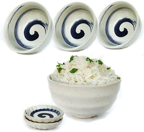 На 8 Парчета в японски стил Fuji Blue. Комплектът включва 4 керамични купи за Мишо и ориз, както и 4 малки тарелочки за соев