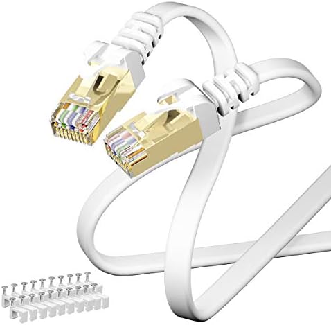 Ethernet кабел Cat8 30 метра бял цвят - плосък Високоскоростен мрежов Компютър пач-кабели за Интернет, 40 gbps 2000 Mhz с позлатени