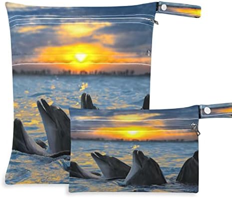 TropicalLife Sunset Ocean Dolphin 2 бр. Влажна, Суха Чанта за трико с Морски Животни, Детска Тъканта, Чанта за Памперси, Водоустойчив