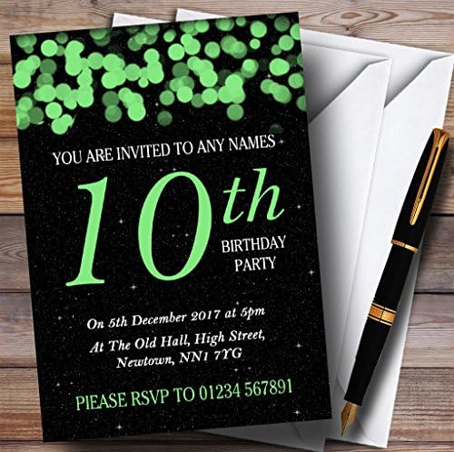 Персонални Покани на парти в чест на 10-ти рожден ден Green Bokeh & Stars 10th