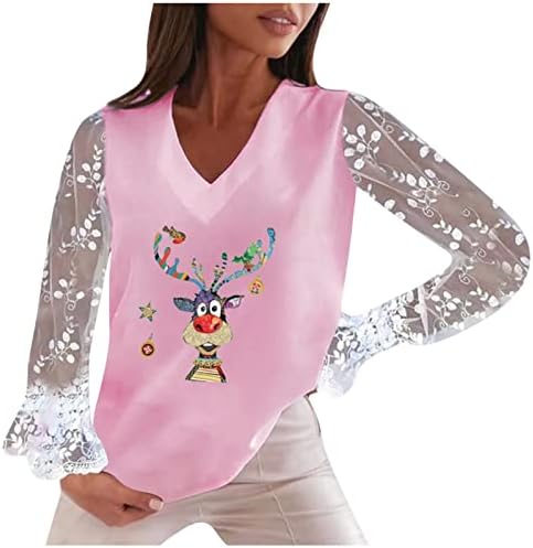 Дамски лейси тениска с V образно деколте и дълъг ръкав, пуловер с коледен елен, върхове с цветен блок, модни забавна празнична