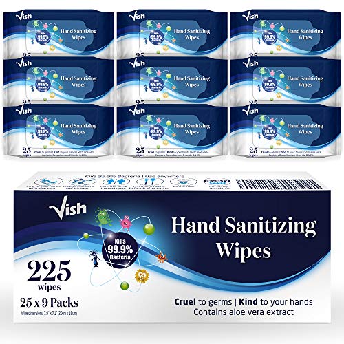 Vish's Hand Sanitizing Wipes, убива 99,9% от микробите с алое Вера, Почистване кърпички за дезинфекция на ръцете (25 парчета (опаковка от 9 парчета)) Чист Освежаващ аромат и влага, иде