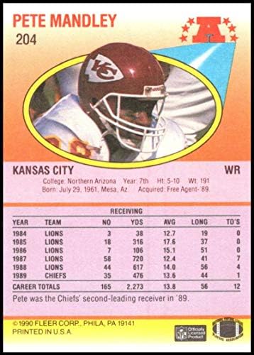 1990 Fleur 204 Бр Мэндли Ню Йорк-Планина Канзас Сити Шефове Официално Лицензировал Футболната карта на NFL