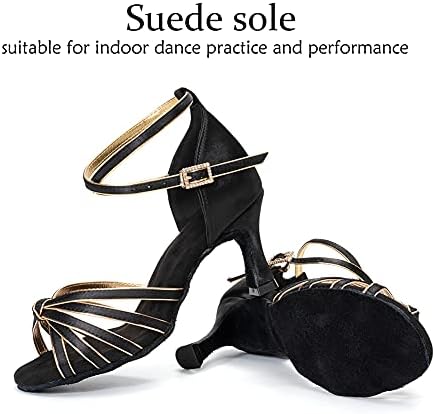 Дамски сатенени обувки за латино танци DKZSYIM, Професионални обувки за практикуване на система за салса, N217-Черно + Златни-7,8,5