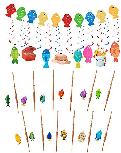 28 Предмети, Декорация за рибарско партита, комплектът включва 12 теми, пръчки за риболов с въдица, Topper за рибарско торта, 15 предмети,