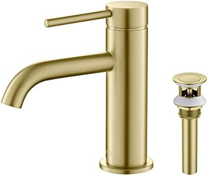 KIBI Кръг на Месинг Смесител за мивка с една Дръжка за Баня, Смесител за мивка с воден маркуч (Матиран Златен с Изскачащ източване)