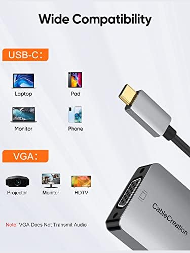 Кабелен USB адаптер C за VGA Конвертор Type C VGA 1080P при 60 Hz, съвместима с MacBook Pro 2020, iPad Pro 2020, Surface Book 2, Pixel, XPS 15, Calaxy S20 S10, алуминиеви G5