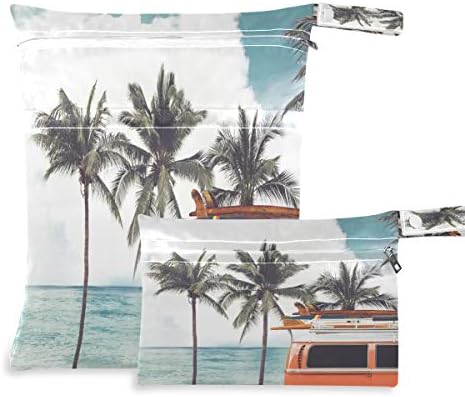 Водоустойчив Мокри чанти с принтом Ретро кола на тропически плаж KEEPREAL - Машинно Пране | Влажна Суха Чанта за Филтър Памперси, Бански,