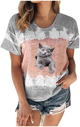 Ежедневни Тениски за Жени Tie Боядисват С Къс Ръкав, Летни Блузи Свободно, Намаляване, Цветен Блок, Удобна Тениска с Кръгло Деколте и Животните
