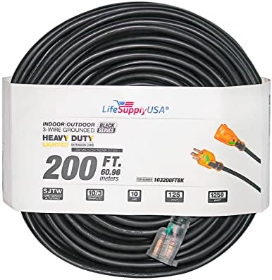 Удължителен кабел за захранване с дължина 200 метра за външни и вътрешни работи, 10 калибри /3 клипса SJTW (черен), с осветление на края, Повишена здравина, 10 Ампера 125 Волт