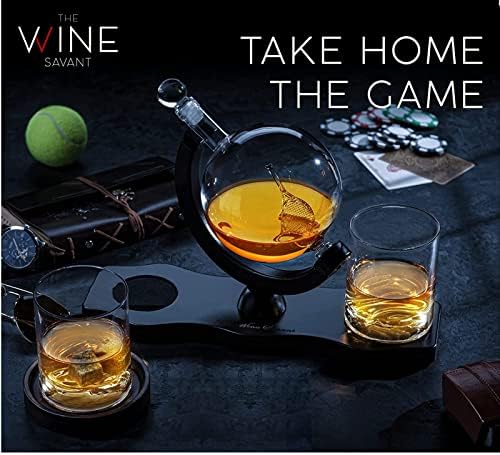 Набор от графинов за уиски Globe с 2 бокалами за алкохол - Тенис гарафа за уиски и комплект чаши за вино в елегантна стойка от махагон - Подаръци за татко, на мъже за тени
