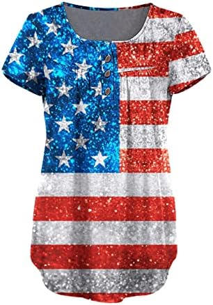 MIASHUI Дамски Тениски Дамски Модни Ден на Независимостта Риза С Принтом V Образно деколте и Копчета Блуза С Къс Ръкав Тениска