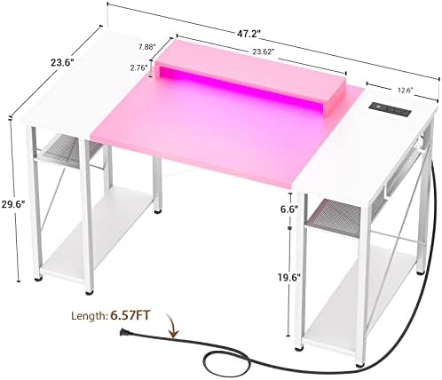 Компютърна маса armocity с led подсветка, 48-инчов маса с розетка за захранване и USB, Голяма маса с възможност за завъртане