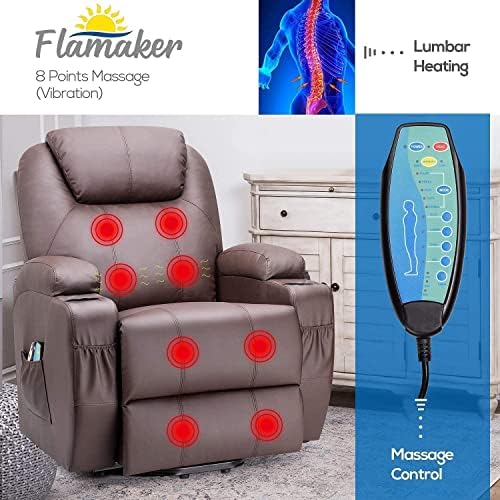 Люлеещ се стол Flamaker Power Lift от изкуствена кожа за възрастни хора с масаж и топъл, Ергономичен стол за хол, Класически
