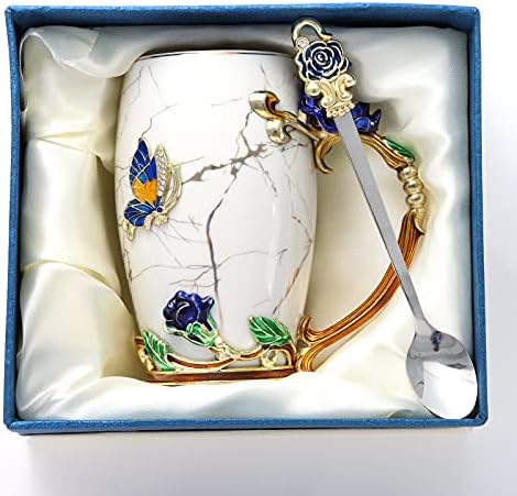 Осатская Мраморна Чаша с пеперуда и цвете - Подаръци за жени за рожден Ден и сватба - Уникален дизайн с лъжица - Подарък за рожден Ден,