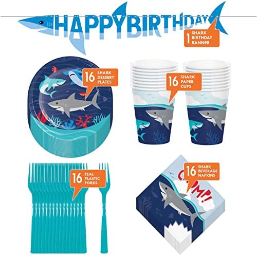 Аксесоари за парти Shark - Хартиени Десертни чинии Shark & Waves, Салфетки, Вилици, Чаши и Набор от рекламни банери (на