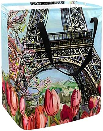 DJROW Кошница За дрехи Париж-Айфеловата Кула Цвете Лале Голяма Кутия За Съхранение Кошница За Съхранение на Дрехи Кошница За Дрехи,