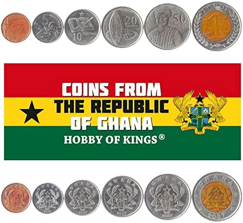 6 Монети от Гана | Колекция набор от монети на Гана 1 5 10 20 50 Песевас 1 Лира | В обращение 2007-2020 | Pod какао | Орел | Мост |