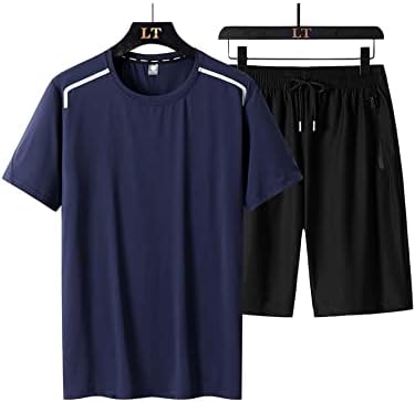 Мъжко облекло от две части, мъжка тениска с контрастиращи ленти и къси панталони с завязками на талията (Цвят: тъмно синьо Размер: