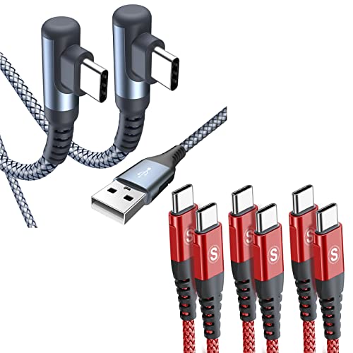 Кабел sweguard USB C под прав ъгъл [2 комплекта, 10 фута] Сив + USB кабел C-USB C мощност 60 W [3 серии по 10 метра + 6,6 фута +