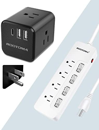 Комплект ROOTOMA, Удължител с множество изходи USB C с USB, 3 USB порта и 3 гнезда цвят Черен, Мрежов филтър с отделни ключове, 4 контакта за променлив ток, 6-подножието плосък в?
