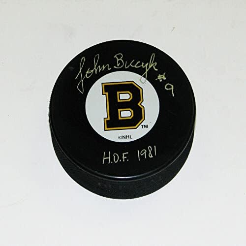 ДЖОН БУЧИК подписа шайбата Бостън Бруинс - КОПИТО - за Миене на НХЛ с автограф