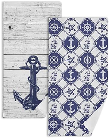 Кърпа за ръце с Морска Котва, Тъмно Синьо Комплект от 2 Кърпи за лице с кораб, за Баня, Кухня, Възрастен мъж, Подарък за Деня на Труда, Денят на Колумб