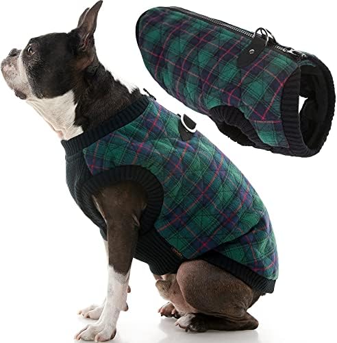 Модерен жилетка Gooby, Клетчатая яке за кучета - Зелена Клетка, X-Large - Топла жилетка-бомбер за кучета с цип с двоен D-образен
