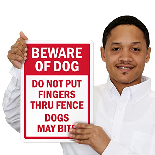 Метални табели SmartSign 14 x 10 инча Внимание, куче - не просовывайте пръсти През оградата, кучетата могат да хапят, 40-мм Ламиниран неръждаем алуминий, червено и бяло