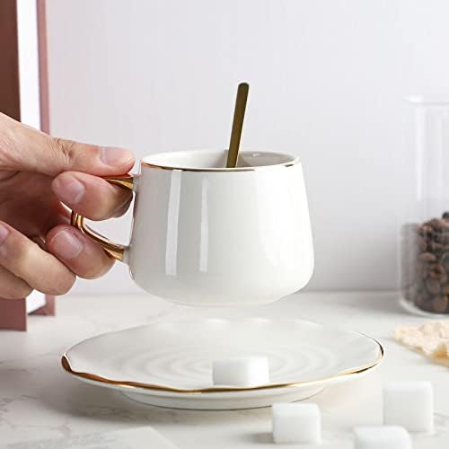 MOSYONE Елегантни Керамични чаши за Кафе с блюдцем и стомаха - Комплект от 3 чаени чаши със златна покритие - Идеална за приготвяне