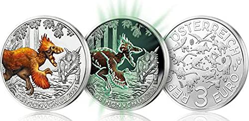 2021 DE Многоцветни Същества PowerCoin Deinonychus Supersaurus Светещ В Тъмното Монета 3€ Евро Австрия 2021 BU Блестяща, Без