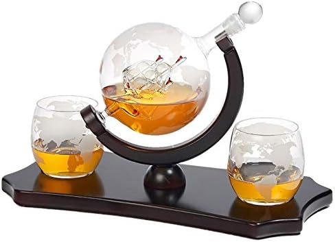 Набор от графинов за уиски Globe - + 2 Чаши за уиски върху поднос от луксозен дърво с класическата поставка от махагон - за опаковане