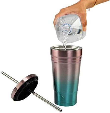 Чаша АРАД от неръждаема стомана с вакуумна изолация цвят Омбре Розово и Синьо, с Капак и метален соломинкой