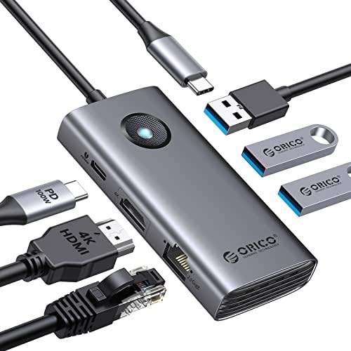 Докинг станция ORICO USB C, USB донгъл C 6 в 1 с резолюция 4K, HDMI, зареждане PD мощност 100 W, 2,5 G Ethernet и 3 порта за предаване