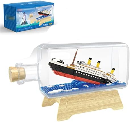 Строителен комплект Hufuman Кораб Титаник в бутилка с Витрина, комплект за проектиране от Микроблоков за възрастни и юноши над 14 години (1040