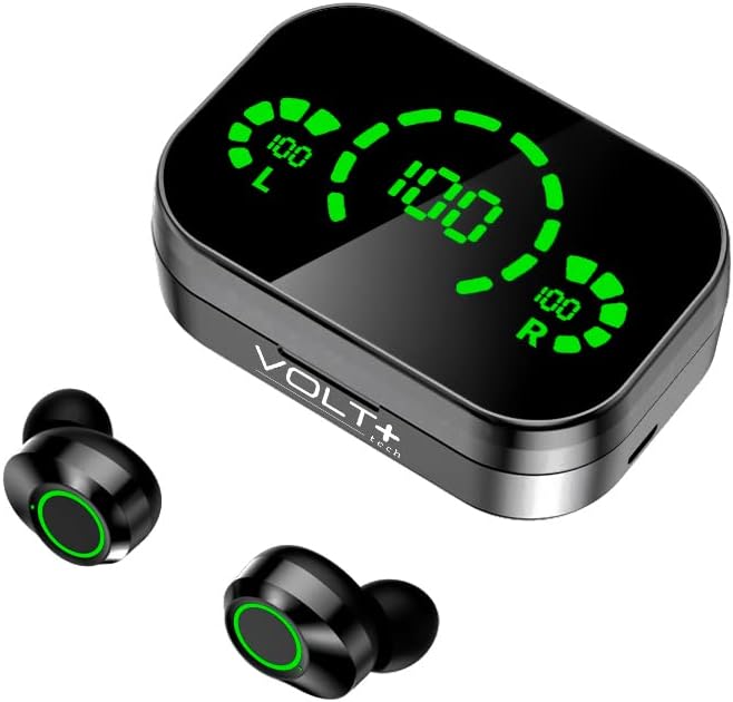 Слушалки Volt Plus TECH Wireless V5.3 LED Pro, съвместим с Samsung SM-T825 IPX3 Bluetooth-защита от вода и пот/шумопотискане и четырехъядерным микрофон (черен)