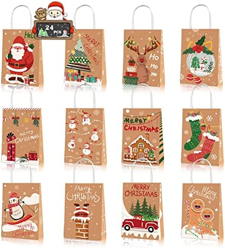 24шт Коледни Крафт-Подаръчни опаковки, 12 Стилове на Коледни Подаръчни пакети с дръжка Санта Елени, снежни човеци Хартиени Опаковки
