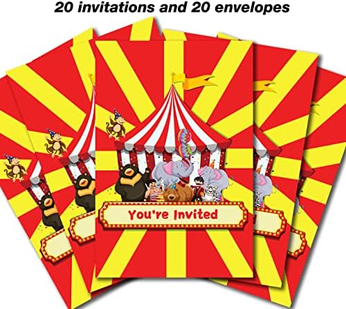 Красиви Покани на парти в Цирк-Карнавал, Комплект от 20 броя с Конвертами, Картички-покани за Парти за Рожден Ден, Детски
