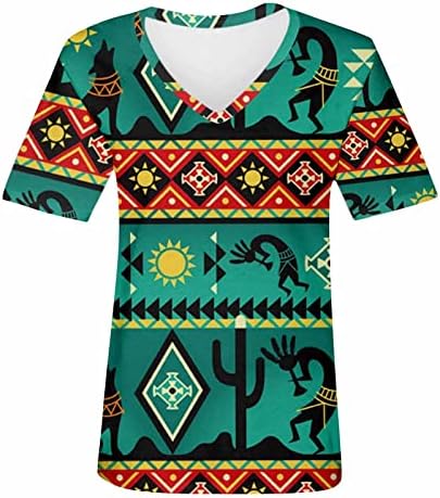 Тениска за Жени с Графичен Модел на ацтеките Пастушки в Западния Етнически Стил с V-образно деколте и Къс Ръкав, Удобни Пуловери,