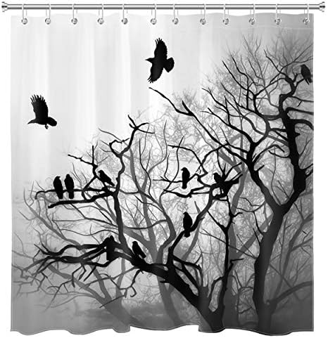 Завеса за душ LB Misty Forest Черно-Сивата Мъгла в Гората Птица на дървото Гарван на Гарван Хелоуин Завеси за Душ за Баня Комплект