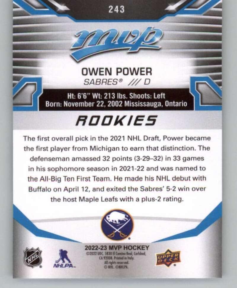 2022-23 за MVP на горната част на палубата 243 Owen Power RC Новобранец SP Хокейна карта с къс принтом Бъфало Сейбърс в НХЛ