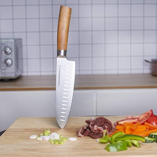 Нож LANDOSAN Santoku 7 инчови Кухненски Ножове Зеленчукови Острие От Неръждаема Стомана Дръжка от Естествена Дървесина и